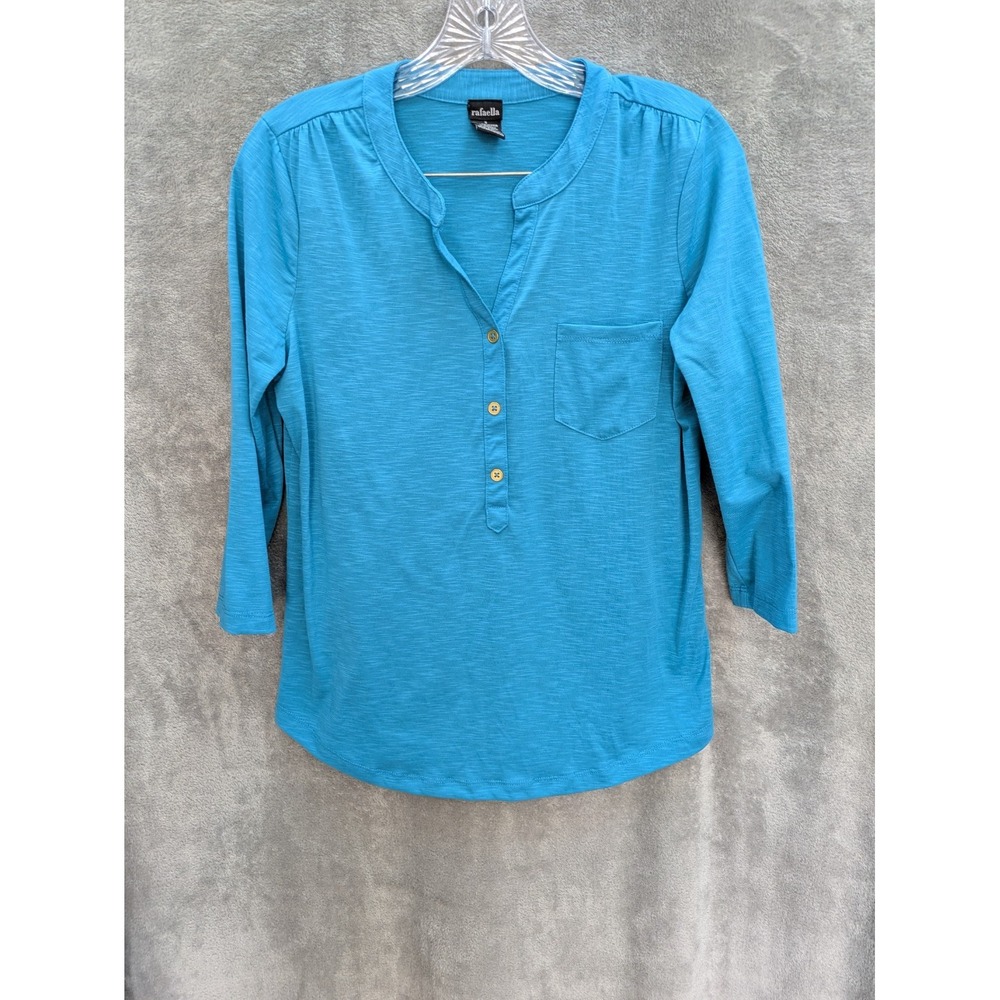 Rafaella Blue V-Neck 3/4‎ Sleeve Top Womens S Pockets Casual